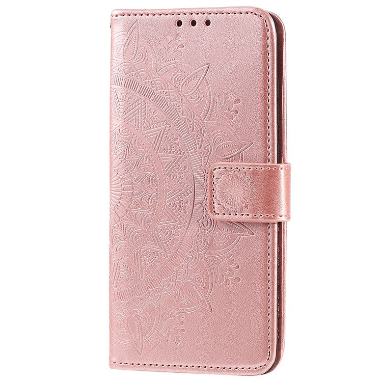 For Google Pixel 7 Pro 5G PU Leather + Inner TPU Drop-proof Cover Imprinted Mandala Flower Wallet Foldable Stand Case with Strap - Rose Gold