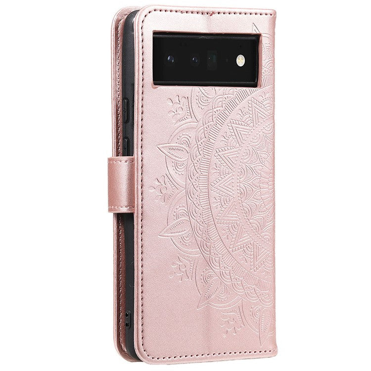 For Google Pixel 7 Pro 5G PU Leather + Inner TPU Drop-proof Cover Imprinted Mandala Flower Wallet Foldable Stand Case with Strap - Rose Gold