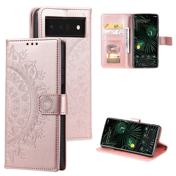 For Google Pixel 7 Pro 5G PU Leather + Inner TPU Drop-proof Cover Imprinted Mandala Flower Wallet Foldable Stand Case with Strap - Rose Gold