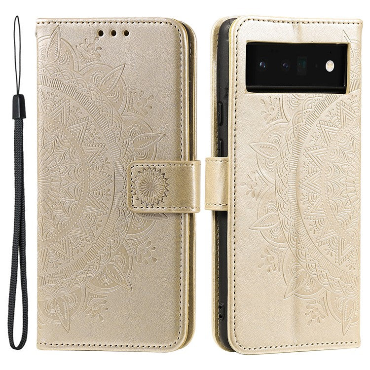 For Google Pixel 7 Pro 5G PU Leather + Inner TPU Drop-proof Cover Imprinted Mandala Flower Wallet Foldable Stand Case with Strap - Gold