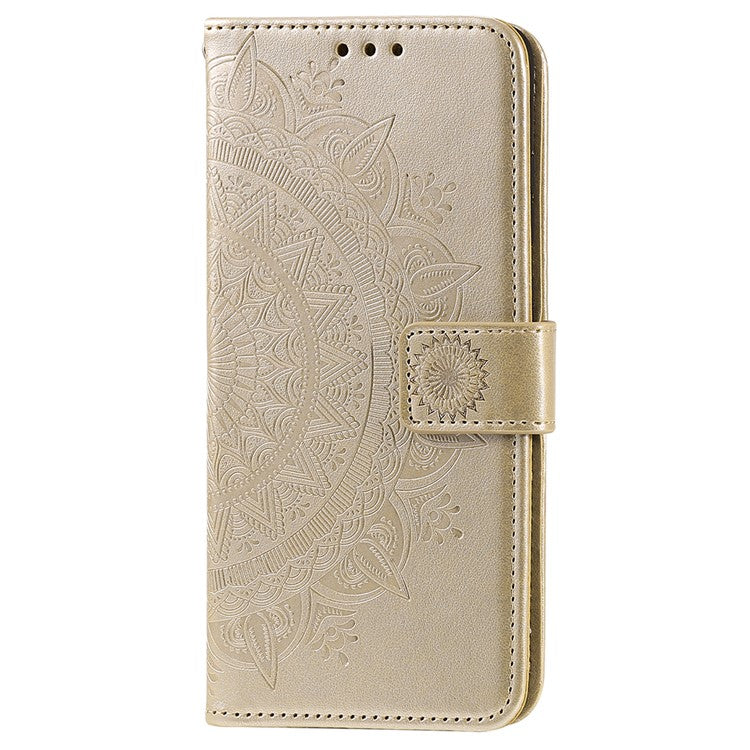 For Google Pixel 7 Pro 5G PU Leather + Inner TPU Drop-proof Cover Imprinted Mandala Flower Wallet Foldable Stand Case with Strap - Gold