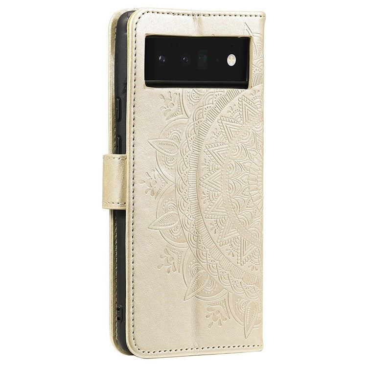 For Google Pixel 7 Pro 5G PU Leather + Inner TPU Drop-proof Cover Imprinted Mandala Flower Wallet Foldable Stand Case with Strap - Gold