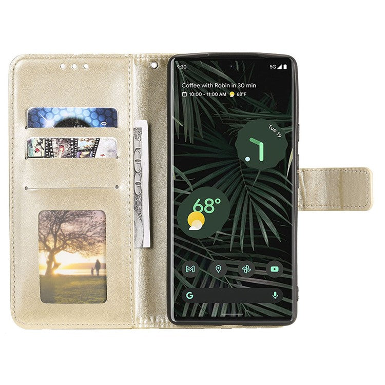 For Google Pixel 7 Pro 5G PU Leather + Inner TPU Drop-proof Cover Imprinted Mandala Flower Wallet Foldable Stand Case with Strap - Gold