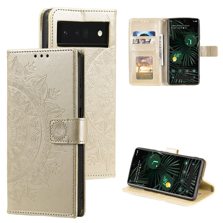 For Google Pixel 7 Pro 5G PU Leather + Inner TPU Drop-proof Cover Imprinted Mandala Flower Wallet Foldable Stand Case with Strap - Gold