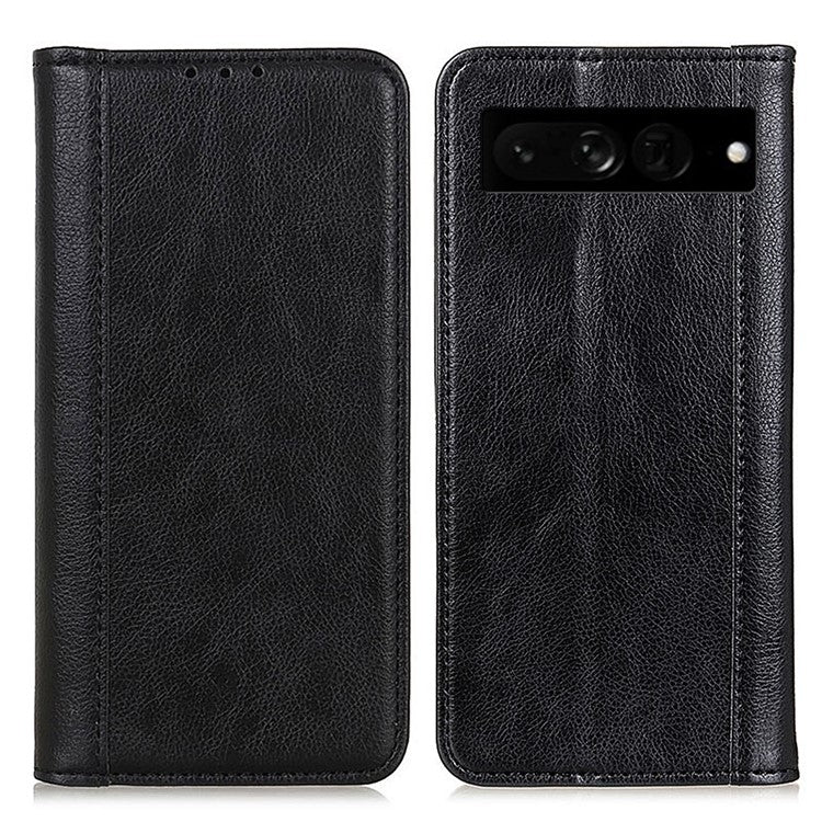 For Google Pixel 7 Pro 5G Litchi Texture Magnetic Auto-absorbed Phone Case Split Leather Stand Wallet Cellphone Cover - Black