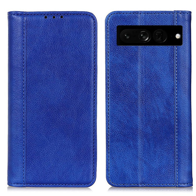 For Google Pixel 7 Pro 5G Litchi Texture Magnetic Auto-absorbed Phone Case Split Leather Stand Wallet Cellphone Cover - Blue