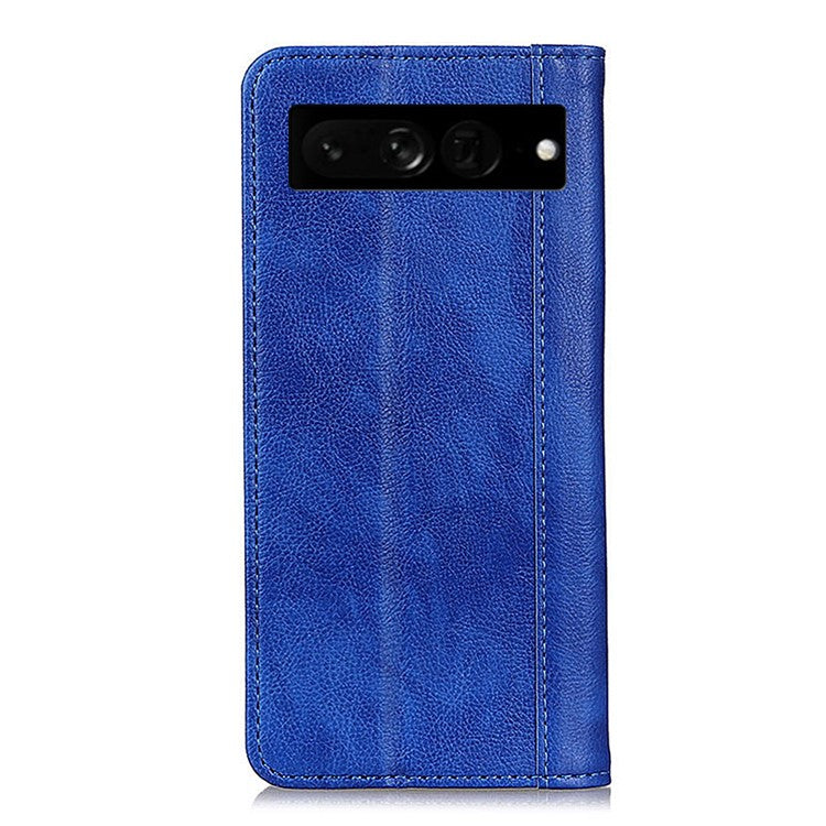 For Google Pixel 7 Pro 5G Litchi Texture Magnetic Auto-absorbed Phone Case Split Leather Stand Wallet Cellphone Cover - Blue