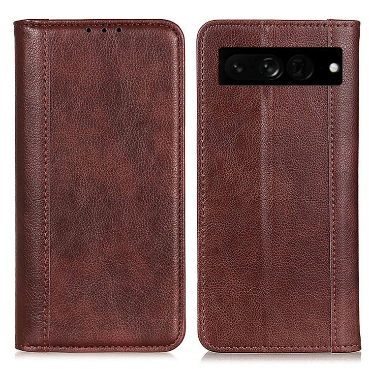 For Google Pixel 7 Pro 5G Litchi Texture Magnetic Auto-absorbed Phone Case Split Leather Stand Wallet Cellphone Cover - Brown