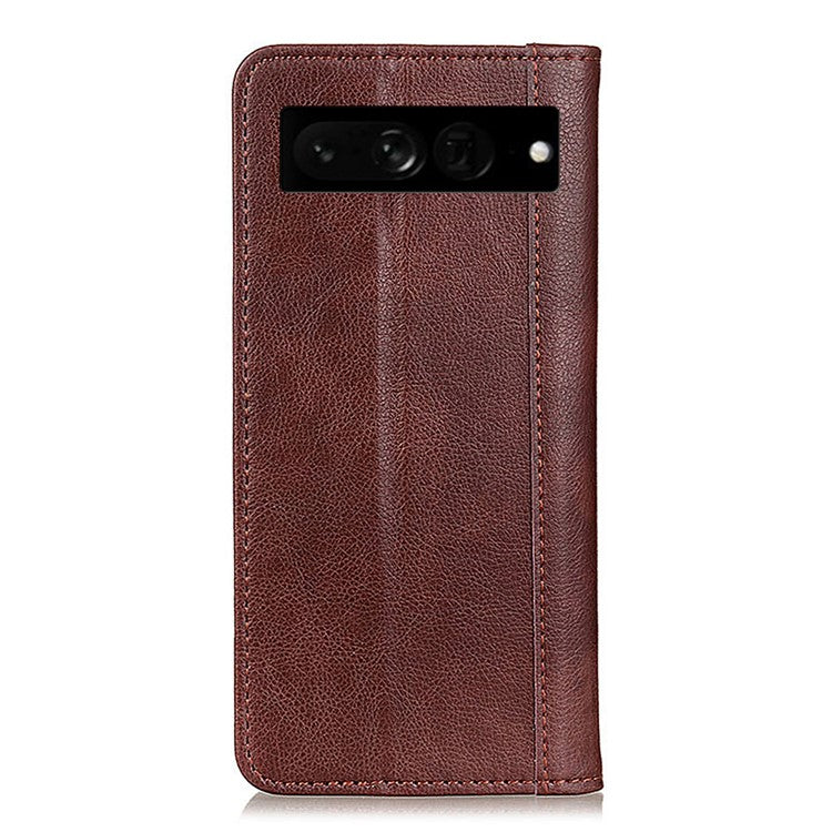 For Google Pixel 7 Pro 5G Litchi Texture Magnetic Auto-absorbed Phone Case Split Leather Stand Wallet Cellphone Cover - Brown