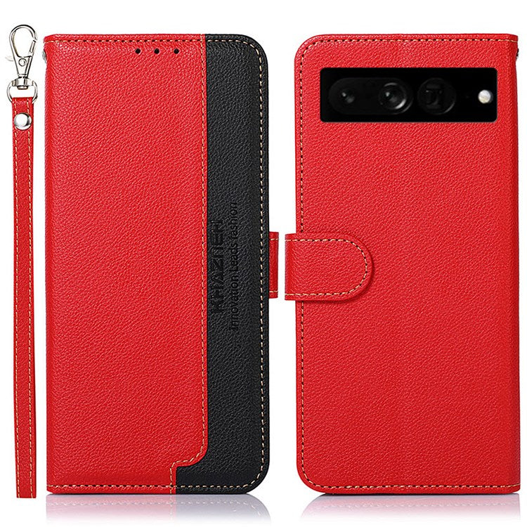 KHAZNEH For Google Pixel 7 Pro 5G Anti-scratch Phone Shell Litchi Texture Wallet Cover RFID Blocking PU Leather Stand Case with Strap - Red