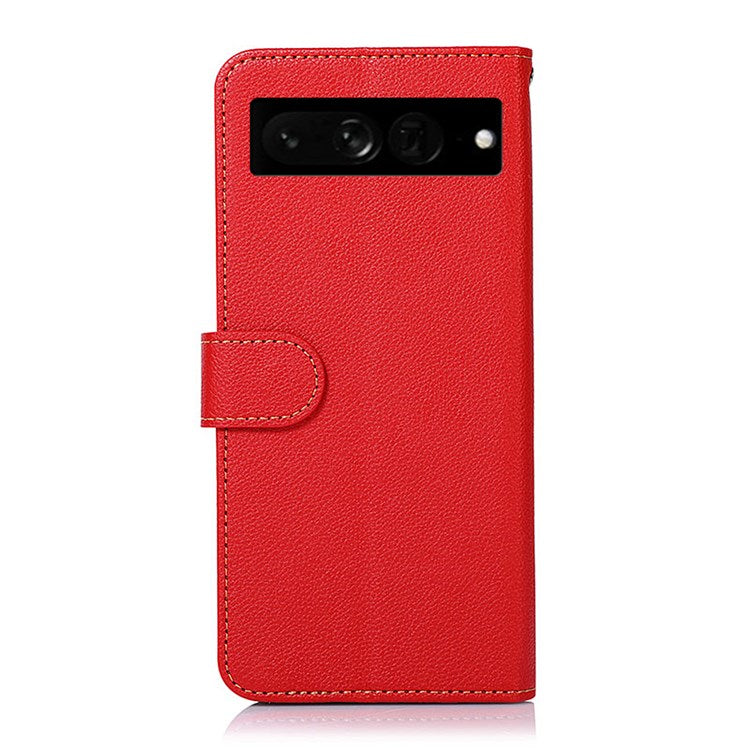 KHAZNEH For Google Pixel 7 Pro 5G Anti-scratch Phone Shell Litchi Texture Wallet Cover RFID Blocking PU Leather Stand Case with Strap - Red