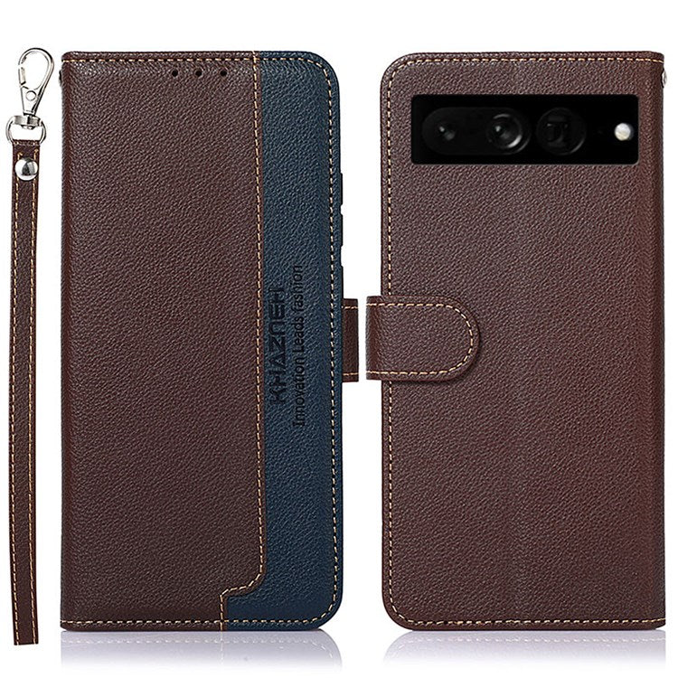 KHAZNEH For Google Pixel 7 Pro 5G Anti-scratch Phone Shell Litchi Texture Wallet Cover RFID Blocking PU Leather Stand Case with Strap - Brown