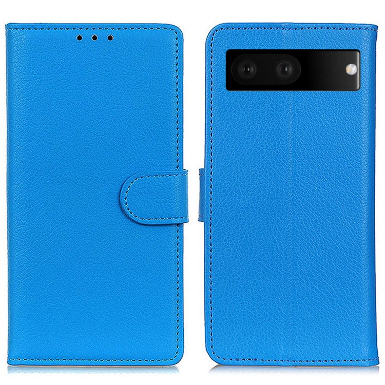 For Google Pixel 7 Litchi Texture PU Leather Folio Flip Case Wallet Viewing Stand Phone Cover - Blue