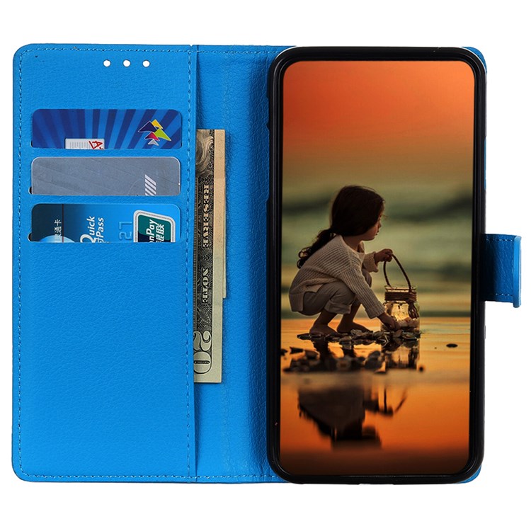 For Google Pixel 7 Litchi Texture PU Leather Folio Flip Case Wallet Viewing Stand Phone Cover - Blue