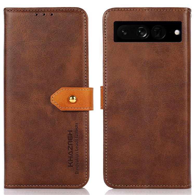 KHAZNEH For Google Pixel 7 Pro 5G Magnetic Golden Clasp PU Leather Stand Case Cell Phone Wallet Cover - Brown