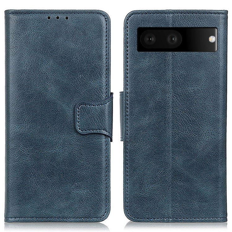 For Google Pixel 7 Shockproof Phone Case Crazy Horse Texture PU Leather Wallet Stand Protective Cover - Blue