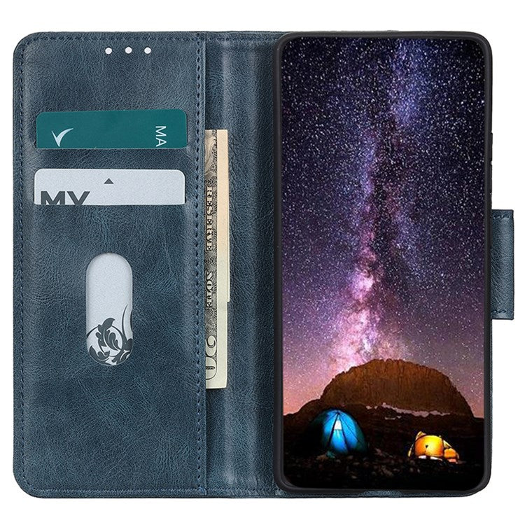 For Google Pixel 7 Shockproof Phone Case Crazy Horse Texture PU Leather Wallet Stand Protective Cover - Blue