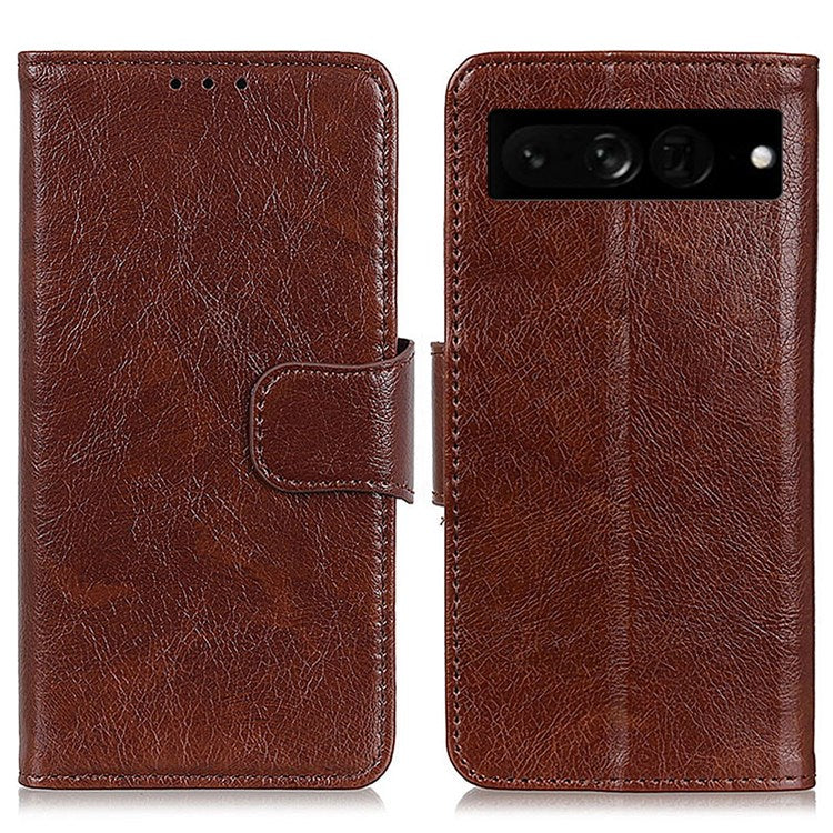 Nappa Texture Phone Case for Google Pixel 7 Pro 5G Drop-proof Split Leather Stand Wallet Cover - Brown