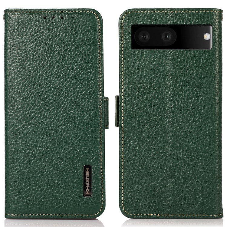 KHAZNEH Litchi Texture Phone Case for Google Pixel 7, Genuine Leather RFID Blocking Shell with Stand Wallet - Green