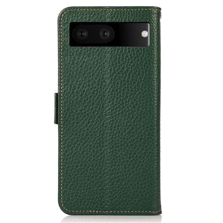 KHAZNEH Litchi Texture Phone Case for Google Pixel 7, Genuine Leather RFID Blocking Shell with Stand Wallet - Green