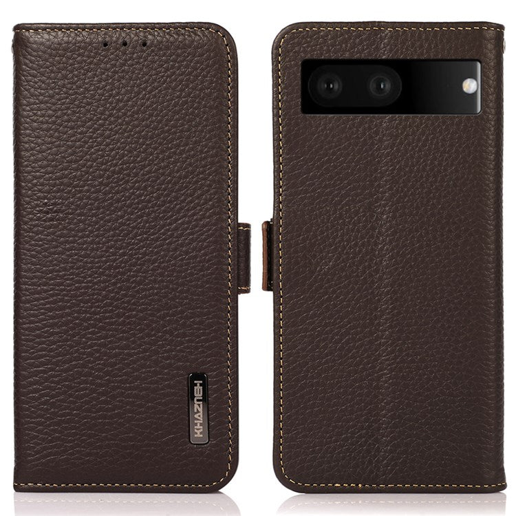 KHAZNEH Litchi Texture Phone Case for Google Pixel 7, Genuine Leather RFID Blocking Shell with Stand Wallet - Brown