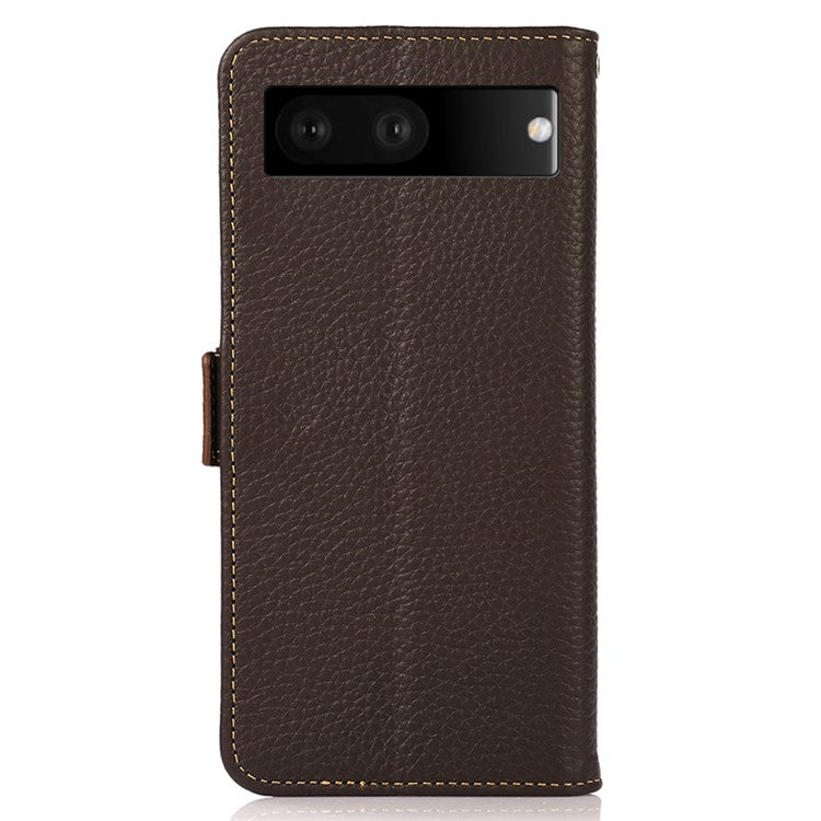 KHAZNEH Litchi Texture Phone Case for Google Pixel 7, Genuine Leather RFID Blocking Shell with Stand Wallet - Brown