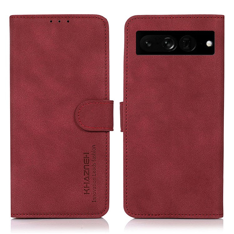 KHAZNEH Textured Leather Case for Google Pixel 7 Pro 5G Dual-sided Magnetic Clasp Stand Wallet Style Flip Phone Cover - Red