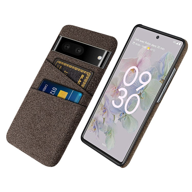 Cloth Texture Phone Case for Google Pixel 7, Anti-scratch Hard PC Cover with Dual Card Slots - Brown