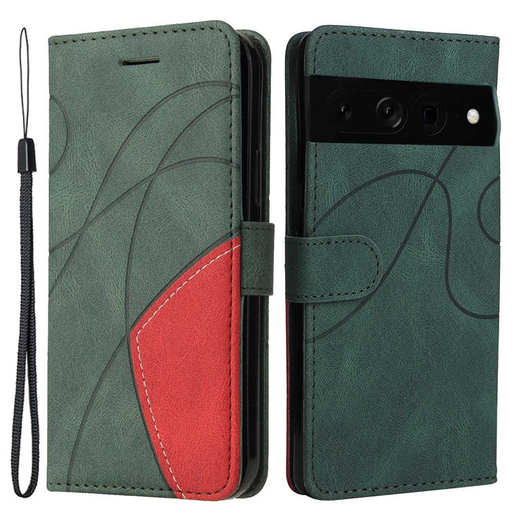 For Google Pixel 7 Pro 5G KT Leather Series-1 Dual-color Splicing Case, Bump Proof PU Leather Wallet Foldable Stand Cover with Strap - Green