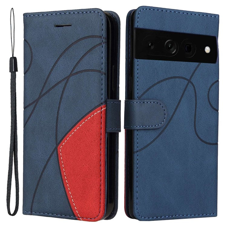 For Google Pixel 7 Pro 5G KT Leather Series-1 Dual-color Splicing Case, Bump Proof PU Leather Wallet Foldable Stand Cover with Strap - Blue