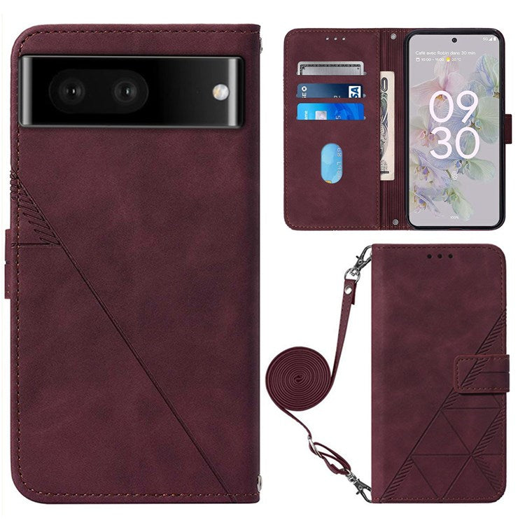 For Google Pixel 7 Pro 5G PU Leather Magnetic Flip Case Lines Imprinted Shoulder Strap Stand - Wine Red