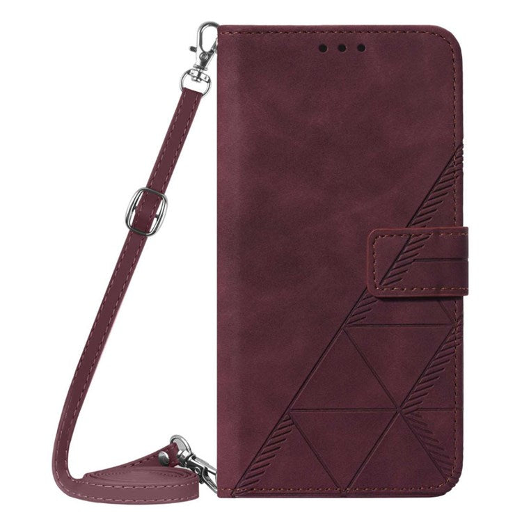 For Google Pixel 7 Pro 5G PU Leather Magnetic Flip Case Lines Imprinted Shoulder Strap Stand - Wine Red