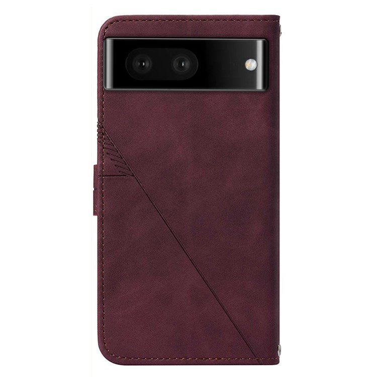 For Google Pixel 7 Pro 5G PU Leather Magnetic Flip Case Lines Imprinted Shoulder Strap Stand - Wine Red