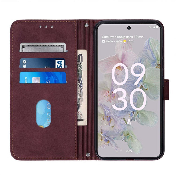 For Google Pixel 7 Pro 5G PU Leather Magnetic Flip Case Lines Imprinted Shoulder Strap Stand - Wine Red