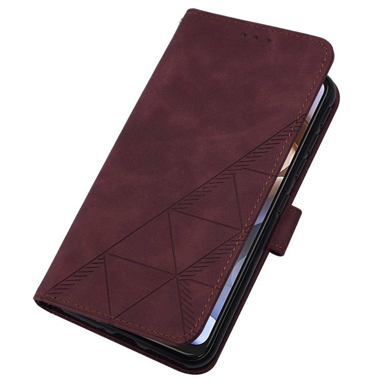 For Google Pixel 7 Pro 5G PU Leather Magnetic Flip Case Lines Imprinted Shoulder Strap Stand - Wine Red