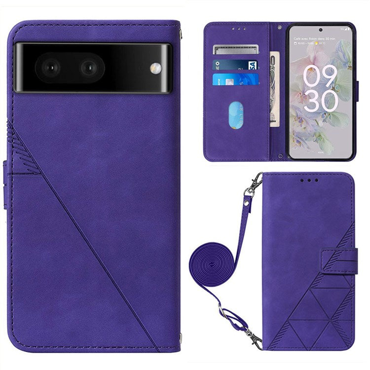 For Google Pixel 7 Pro 5G PU Leather Magnetic Flip Case Lines Imprinted Shoulder Strap Stand Wallet Book Cover - Purple