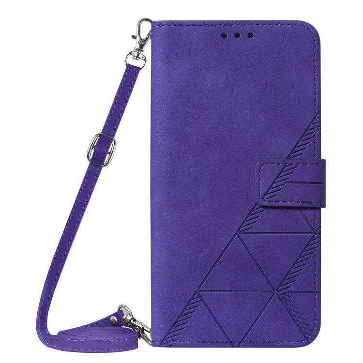 For Google Pixel 7 Pro 5G PU Leather Magnetic Flip Case Lines Imprinted Shoulder Strap Stand Wallet Book Cover - Purple