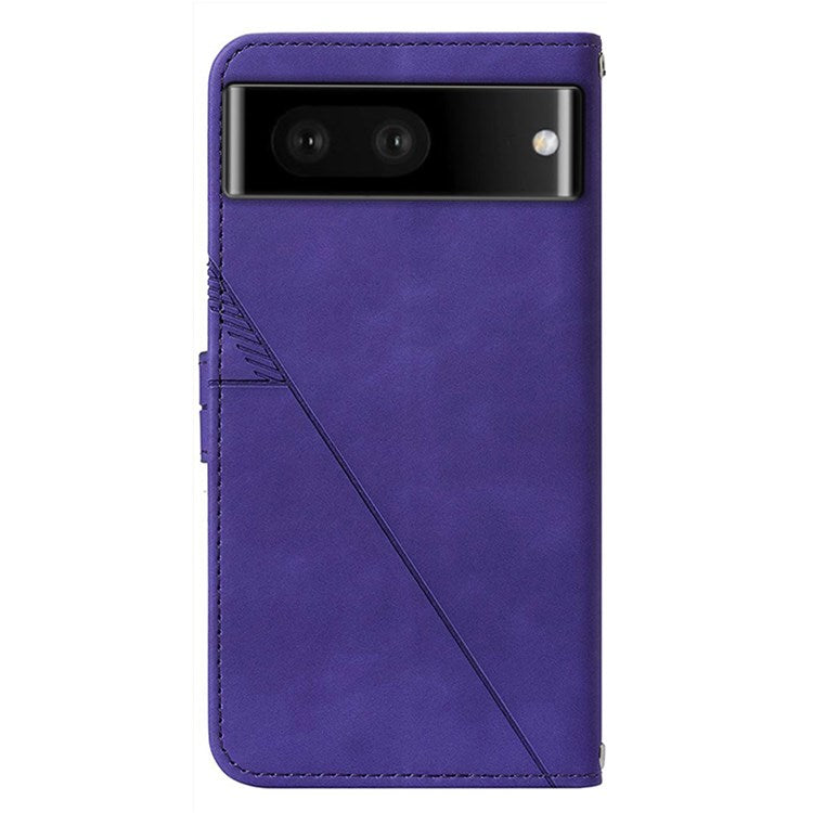 For Google Pixel 7 Pro 5G PU Leather Magnetic Flip Case Lines Imprinted Shoulder Strap Stand Wallet Book Cover - Purple