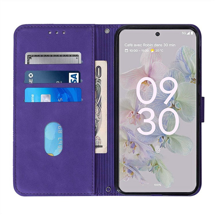 For Google Pixel 7 Pro 5G PU Leather Magnetic Flip Case Lines Imprinted Shoulder Strap Stand Wallet Book Cover - Purple