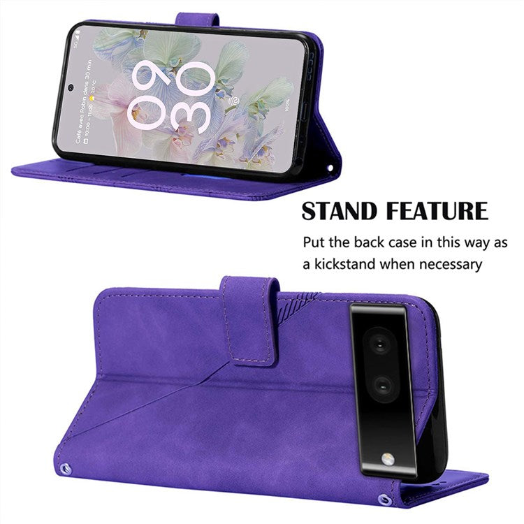 For Google Pixel 7 Pro 5G PU Leather Magnetic Flip Case Lines Imprinted Shoulder Strap Stand Wallet Book Cover - Purple