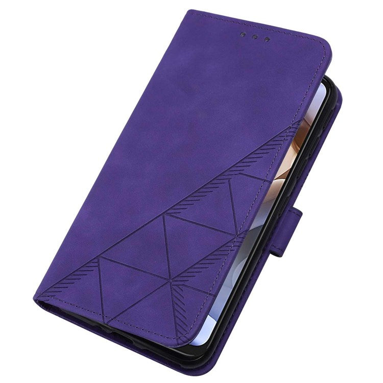 For Google Pixel 7 Pro 5G PU Leather Magnetic Flip Case Lines Imprinted Shoulder Strap Stand Wallet Book Cover - Purple