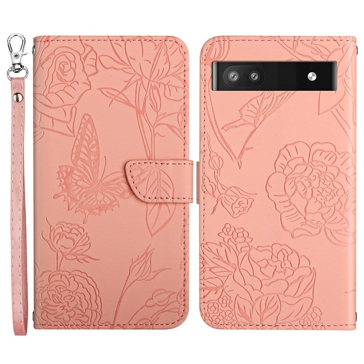 Butterfly Flowers Imprinting Fingerprint Free PU Leather Phone Shell for Google Pixel 6a, Pattern Imprinting Design Wallet Stand Case with Handy Strap - Pink