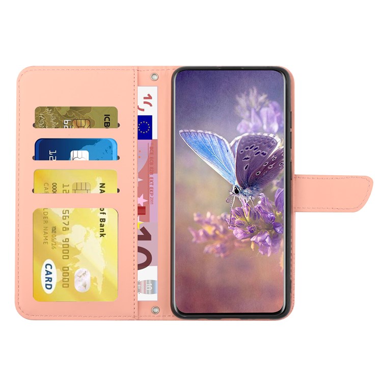 Butterfly Flowers Imprinting Fingerprint Free PU Leather Phone Shell for Google Pixel 6a, Pattern Imprinting Design Wallet Stand Case with Handy Strap - Pink