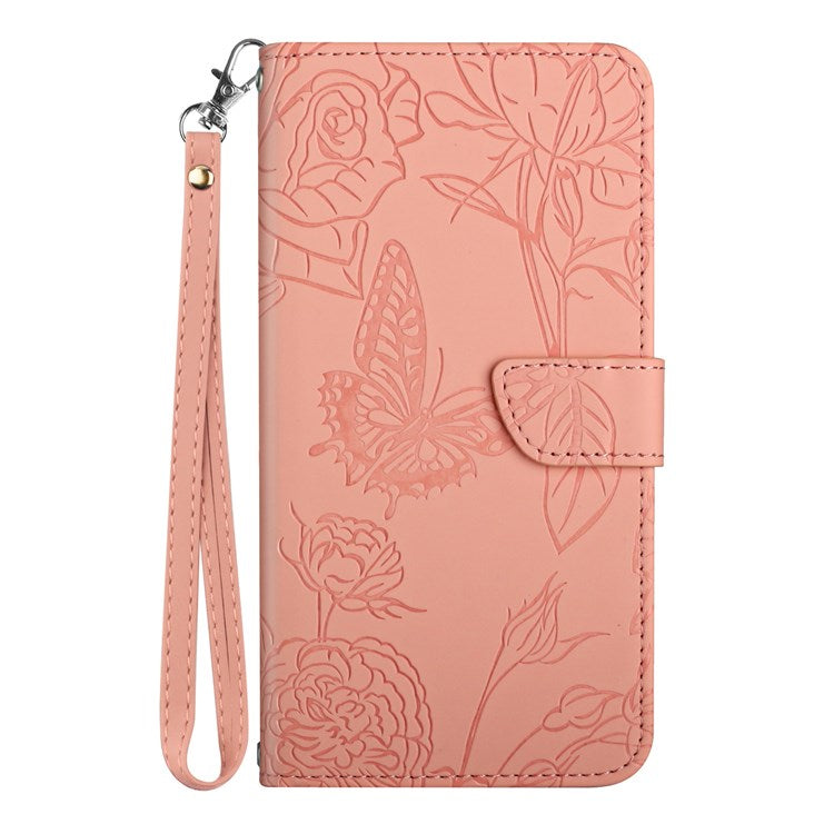 Butterfly Flowers Imprinting Fingerprint Free PU Leather Phone Shell for Google Pixel 6a, Pattern Imprinting Design Wallet Stand Case with Handy Strap - Pink