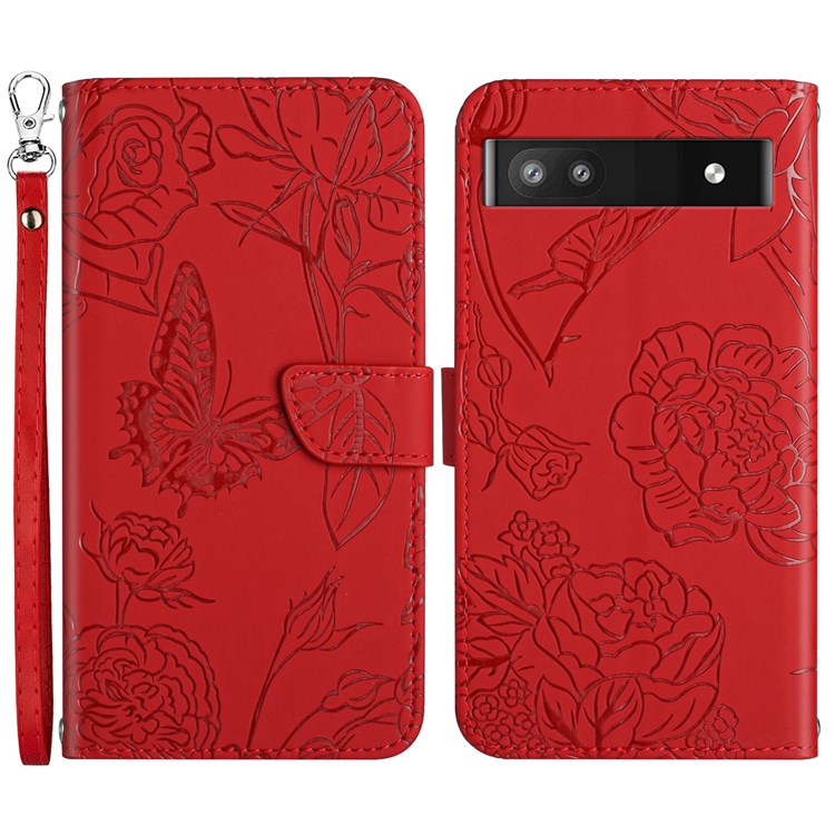 Butterfly Flowers Imprinting Fingerprint Free PU Leather Phone Shell for Google Pixel 6a, Pattern Imprinting Design Wallet Stand Case with Handy Strap - Red