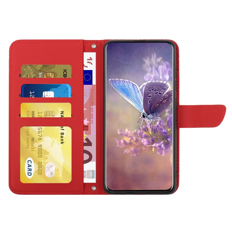 Butterfly Flowers Imprinting Fingerprint Free PU Leather Phone Shell for Google Pixel 6a, Pattern Imprinting Design Wallet Stand Case with Handy Strap - Red