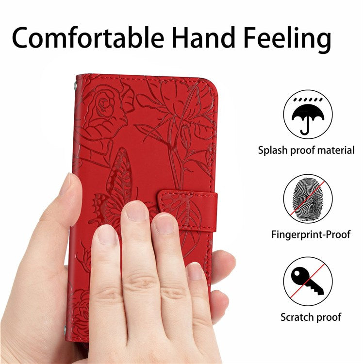 Butterfly Flowers Imprinting Fingerprint Free PU Leather Phone Shell for Google Pixel 6a, Pattern Imprinting Design Wallet Stand Case with Handy Strap - Red