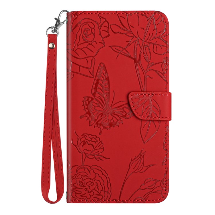 Butterfly Flowers Imprinting Fingerprint Free PU Leather Phone Shell for Google Pixel 6a, Pattern Imprinting Design Wallet Stand Case with Handy Strap - Red