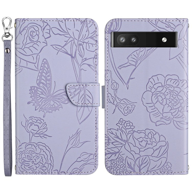 Butterfly Flowers Imprinting Fingerprint Free PU Leather Phone Shell for Google Pixel 6a, Pattern Imprinting Design Wallet Stand Case with Handy Strap - Light Purple