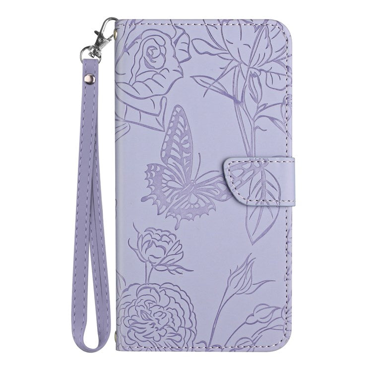 Butterfly Flowers Imprinting Fingerprint Free PU Leather Phone Shell for Google Pixel 6a, Pattern Imprinting Design Wallet Stand Case with Handy Strap - Light Purple